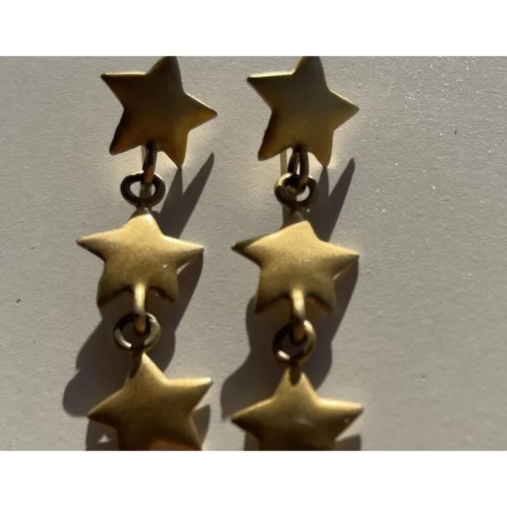 Vintage Ann Taylor Gold Tone 3 Star Drop Dangle Stud Earrings Quality RARE